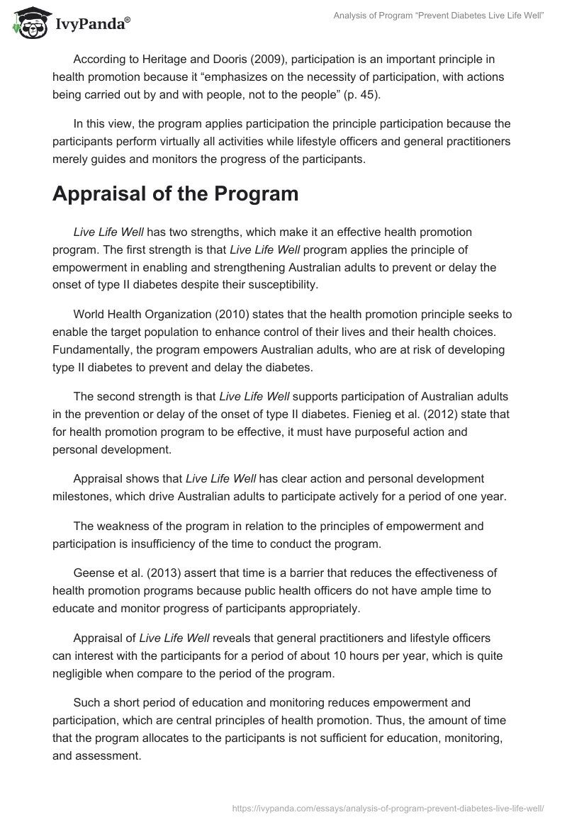 Analysis of Program “Prevent Diabetes Live Life Well”. Page 4