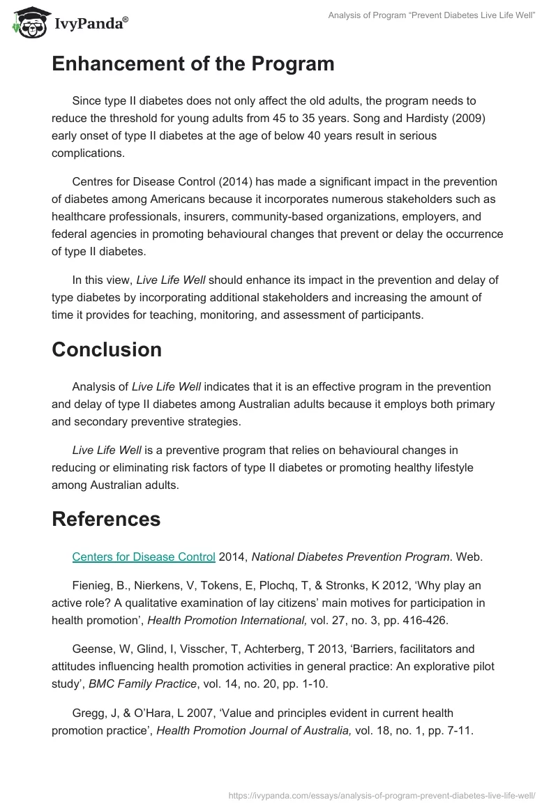 Analysis of Program “Prevent Diabetes Live Life Well”. Page 5