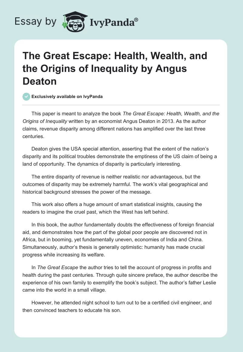 The Great Escape: Health, Wealth, and the Origins of Inequality by Angus Deaton. Page 1