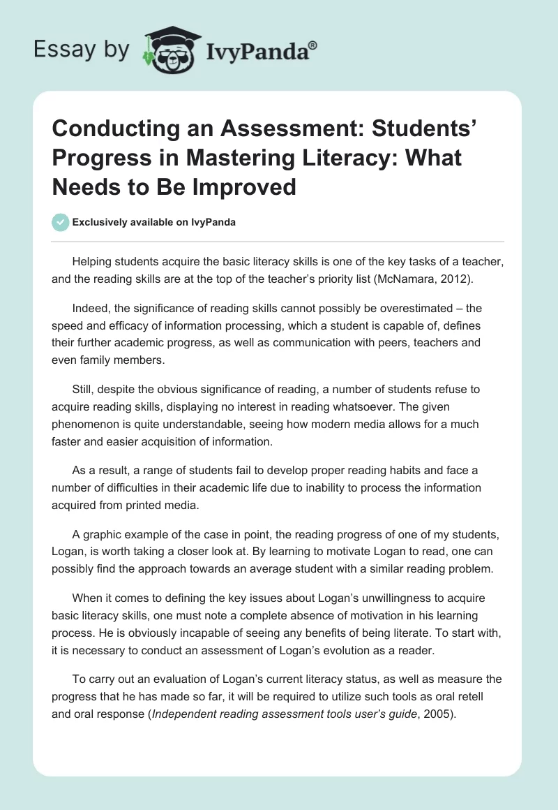 Conducting an Assessment: Students’ Progress in Mastering Literacy: What Needs to Be Improved. Page 1