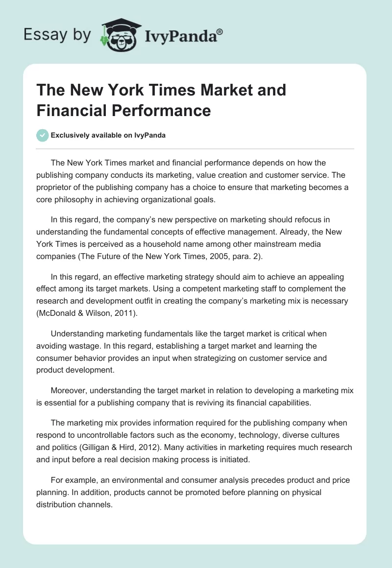 The New York Times Market and Financial Performance. Page 1