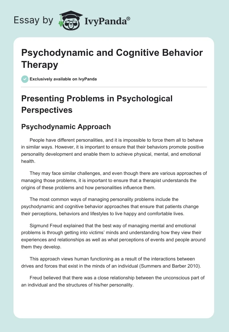 Psychodynamic and Cognitive Behavior Therapy. Page 1