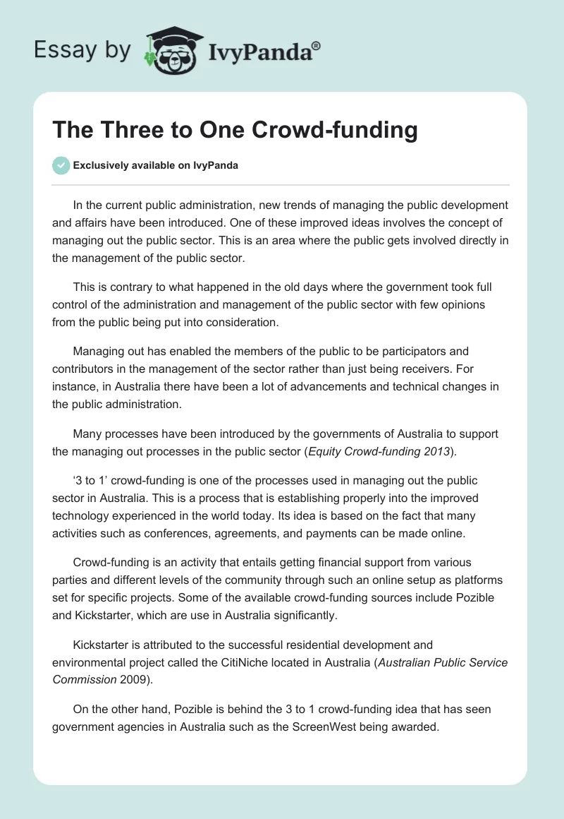 The Three to One Crowd-funding. Page 1