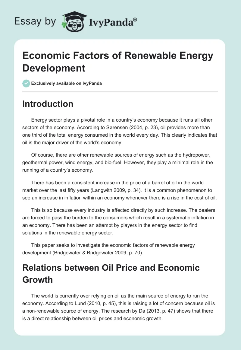 Economic Factors of Renewable Energy Development. Page 1