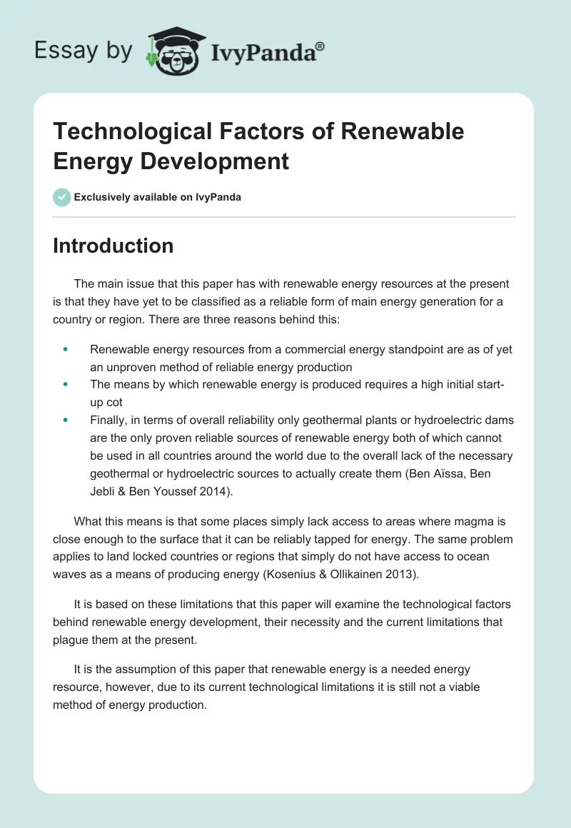 Technological Factors of Renewable Energy Development. Page 1