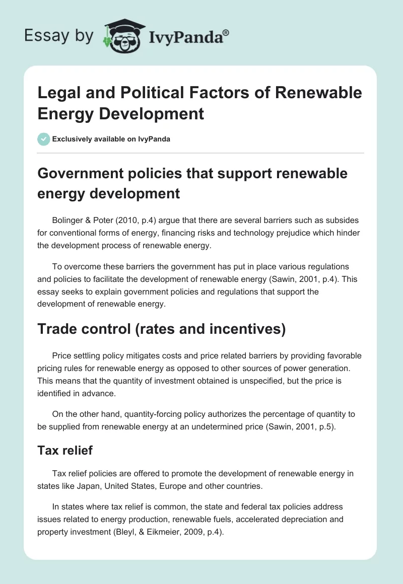 Legal and Political Factors of Renewable Energy Development. Page 1