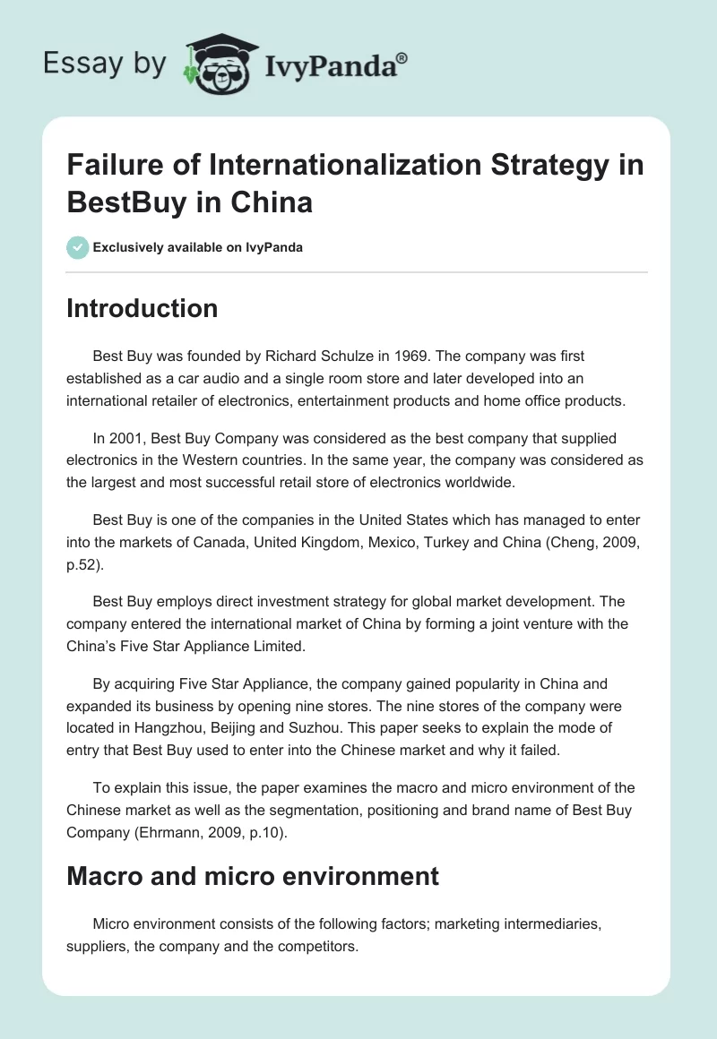 Failure of Internationalization Strategy in BestBuy in China. Page 1