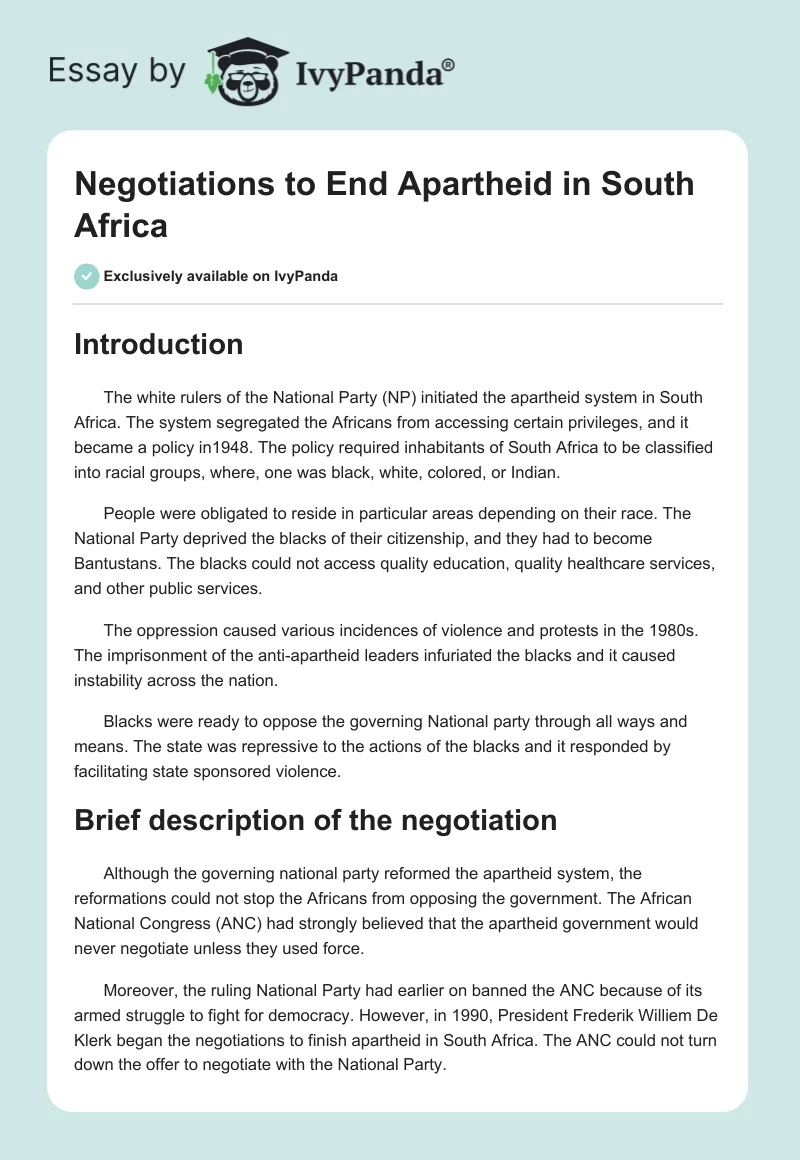Negotiations to End Apartheid in South Africa. Page 1