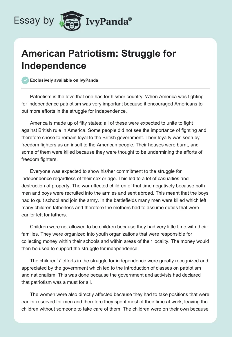 American Patriotism: Struggle for Independence. Page 1