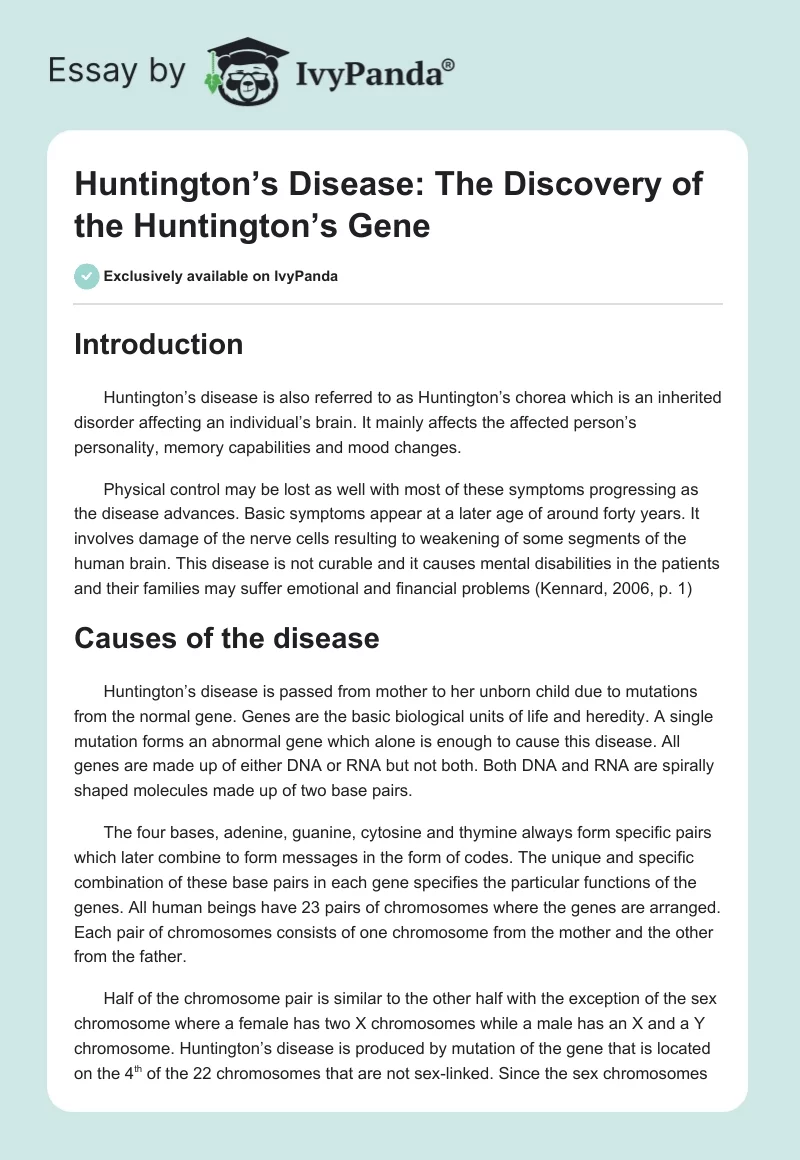 Huntington’s Disease: The Discovery of the Huntington’s Gene. Page 1