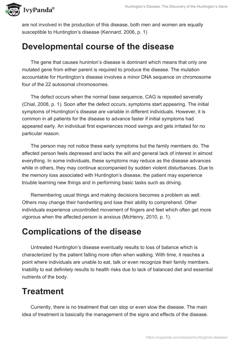 Huntington’s Disease: The Discovery of the Huntington’s Gene. Page 2