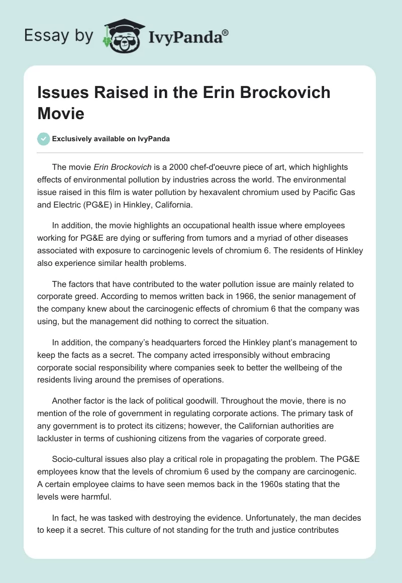 Issues Raised in the "Erin Brockovich" Movie. Page 1