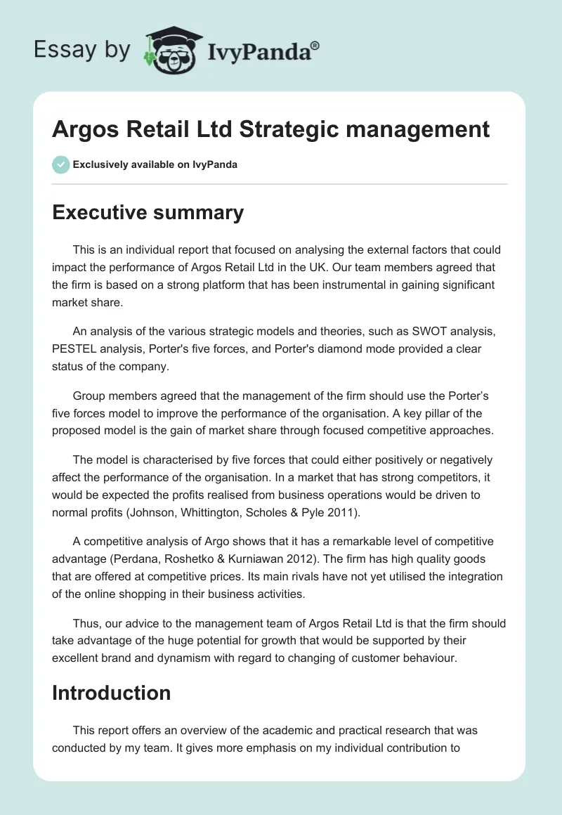 Argos Retail Ltd Strategic management. Page 1