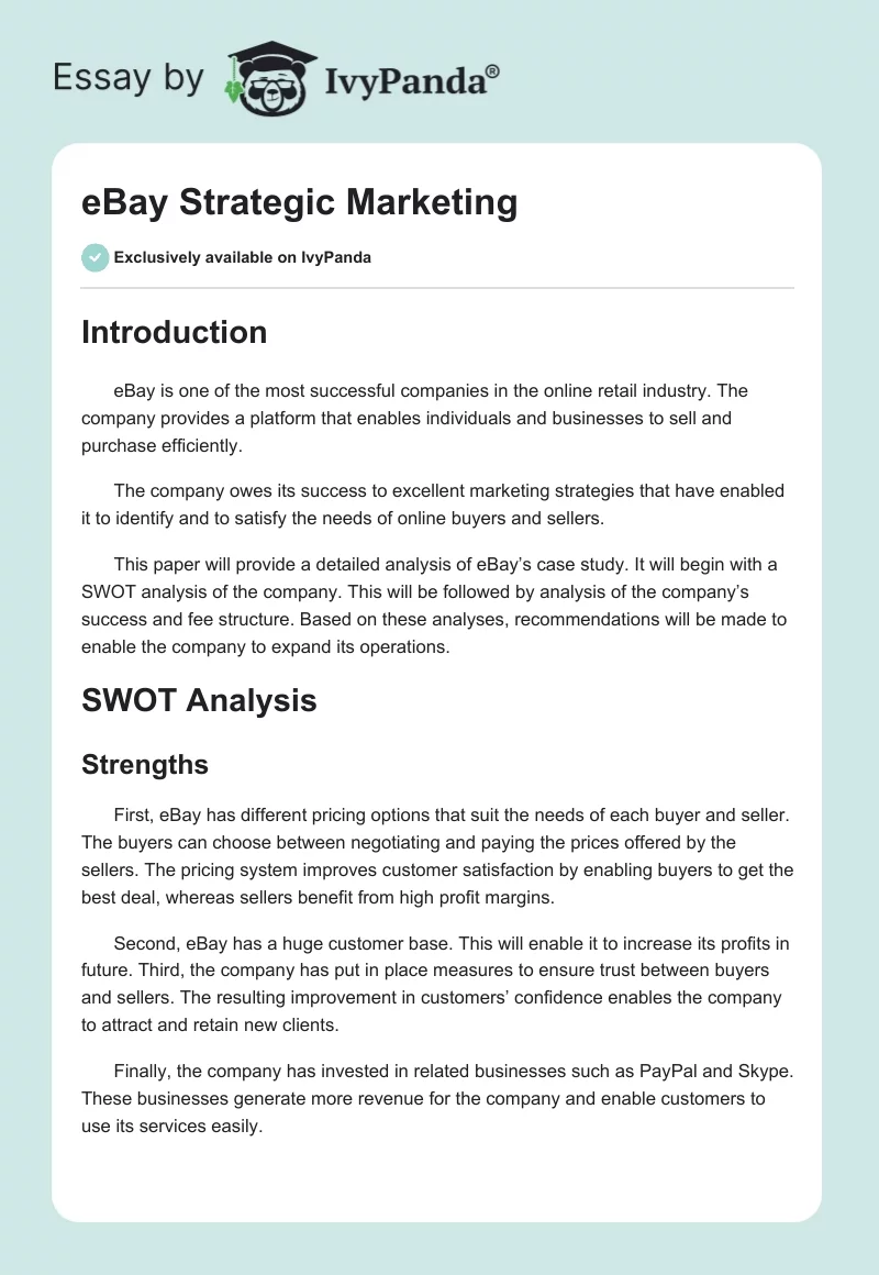 eBay Strategic Marketing. Page 1