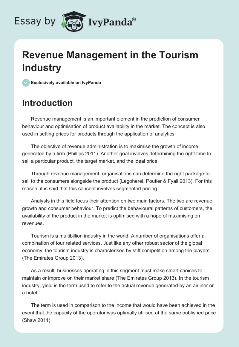 Revenue Management in the Tourism Industry. Page 1