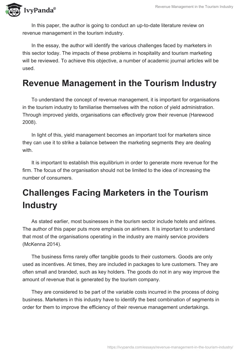 Revenue Management in the Tourism Industry. Page 2