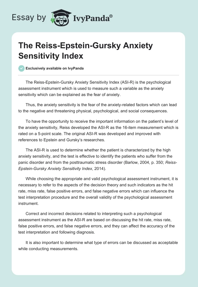 The Reiss-Epstein-Gursky Anxiety Sensitivity Index. Page 1