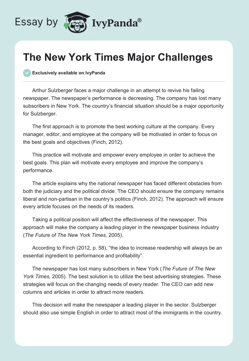 The New York Times Major Challenges. Page 1