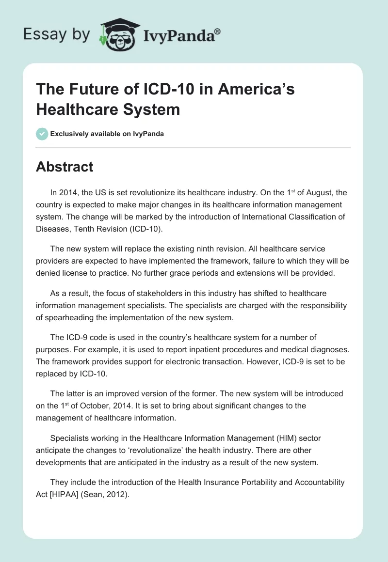 The Future of ICD-10 in America’s Healthcare System. Page 1