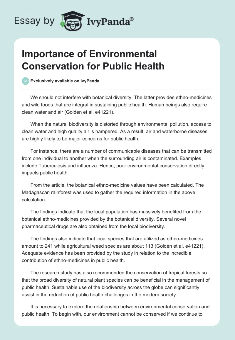 Importance of Environmental Conservation for Public Health. Page 1