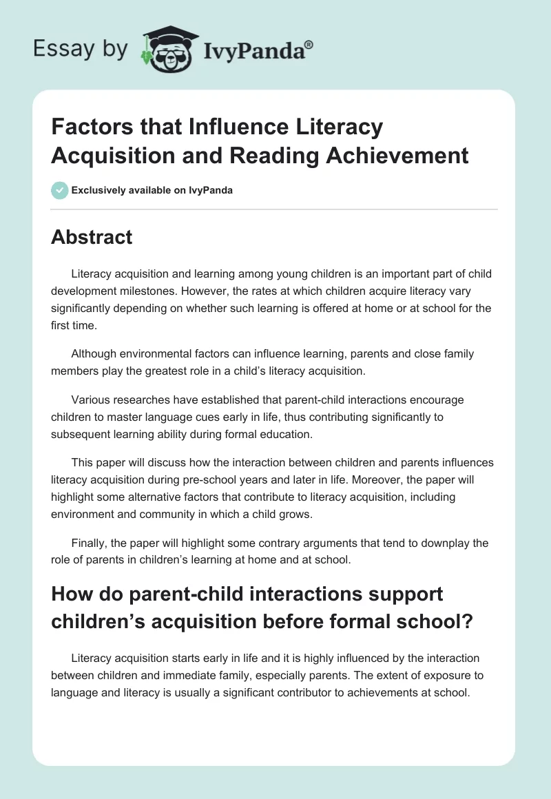Factors that Influence Literacy Acquisition and Reading Achievement. Page 1