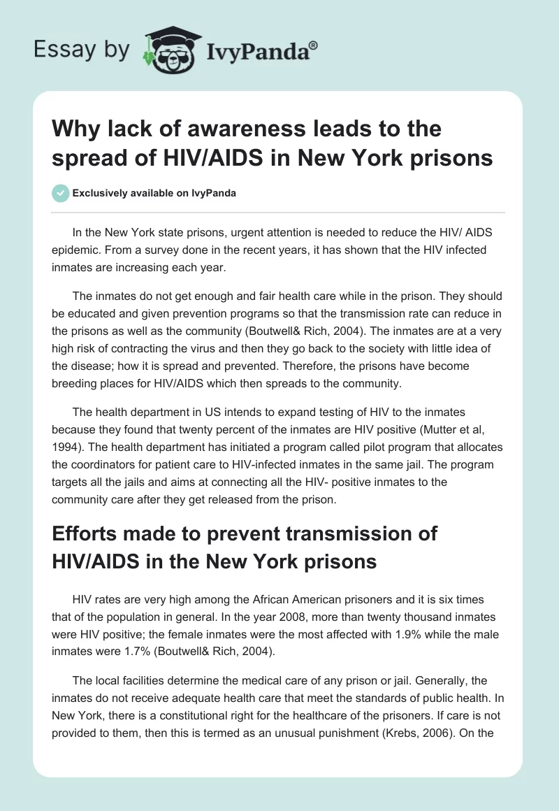 Why Lack of Awareness Leads to the Spread of HIV/AIDS in New York Prisons. Page 1