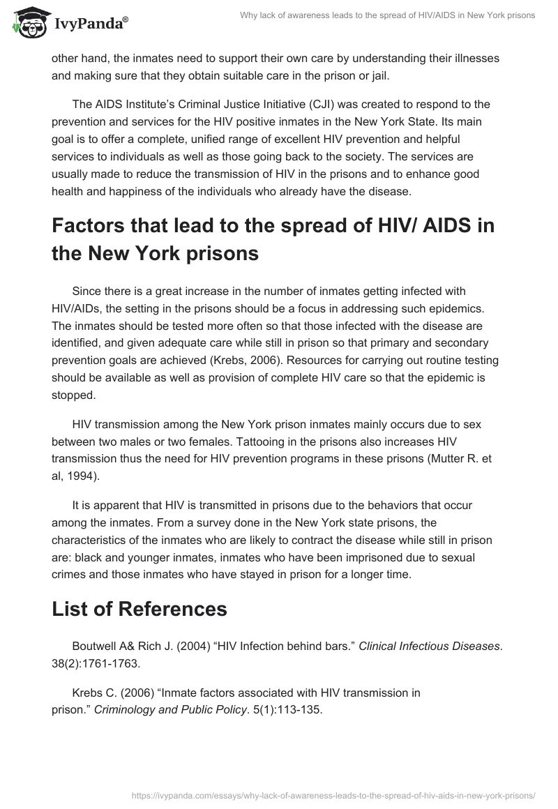 Why Lack of Awareness Leads to the Spread of HIV/AIDS in New York Prisons. Page 2
