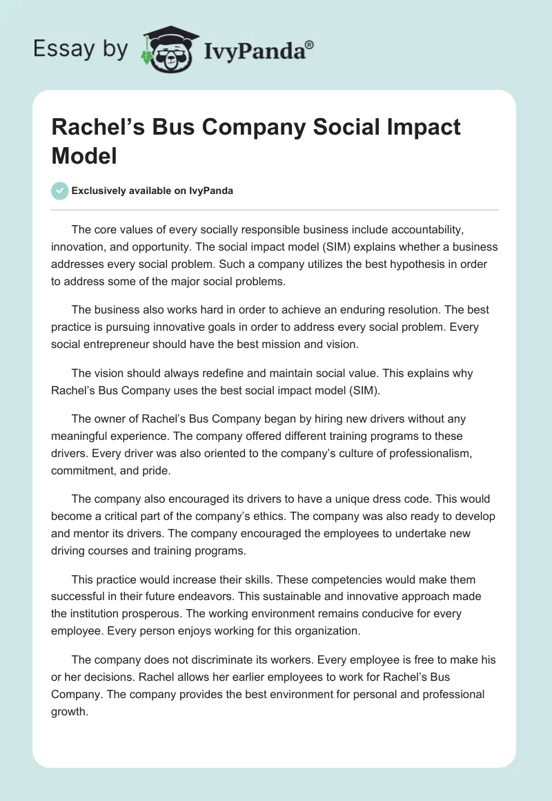 Rachel’s Bus Company Social Impact Model. Page 1