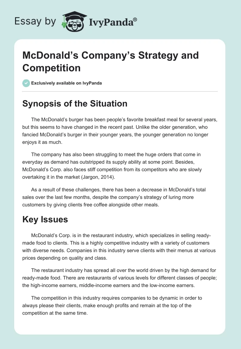 McDonald’s Company’s Strategy and Competition. Page 1