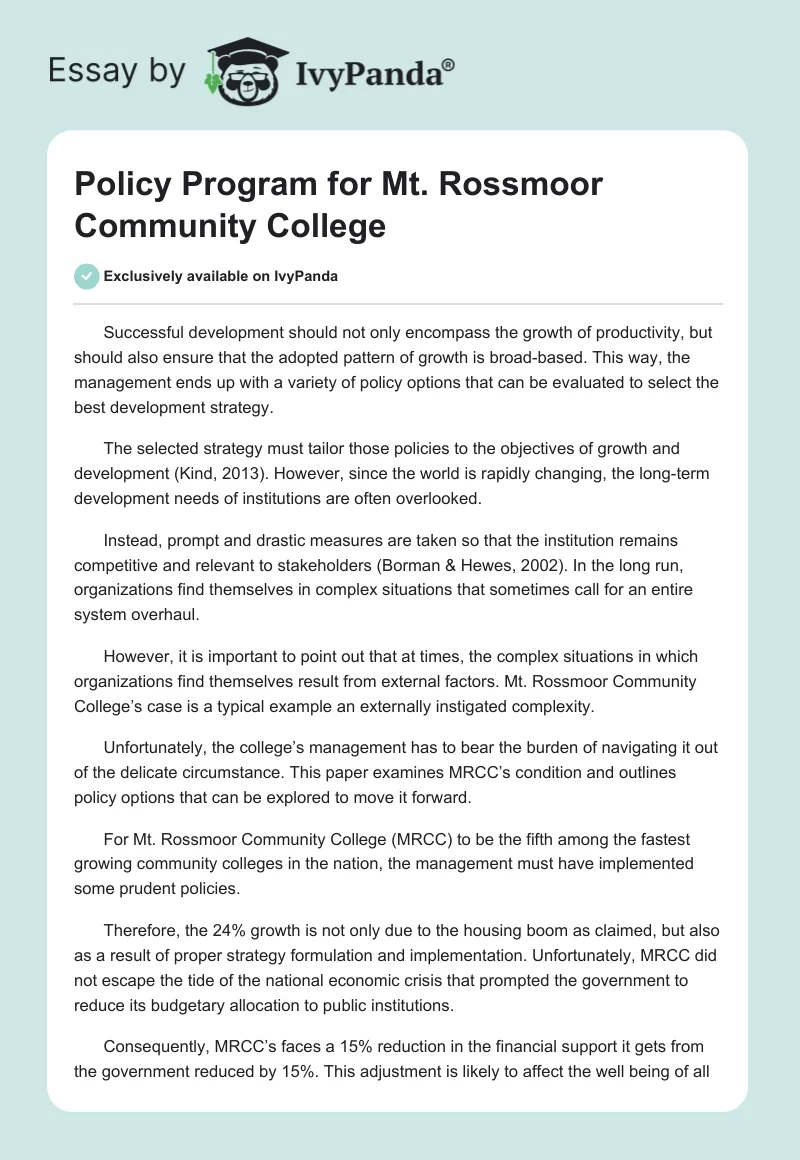 Policy Program for Mt. Rossmoor Community College. Page 1