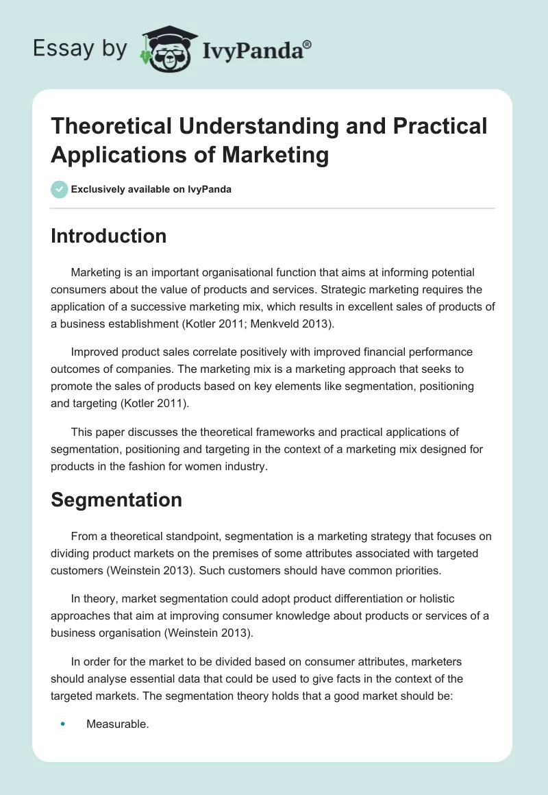 Theoretical Understanding and Practical Applications of Marketing. Page 1
