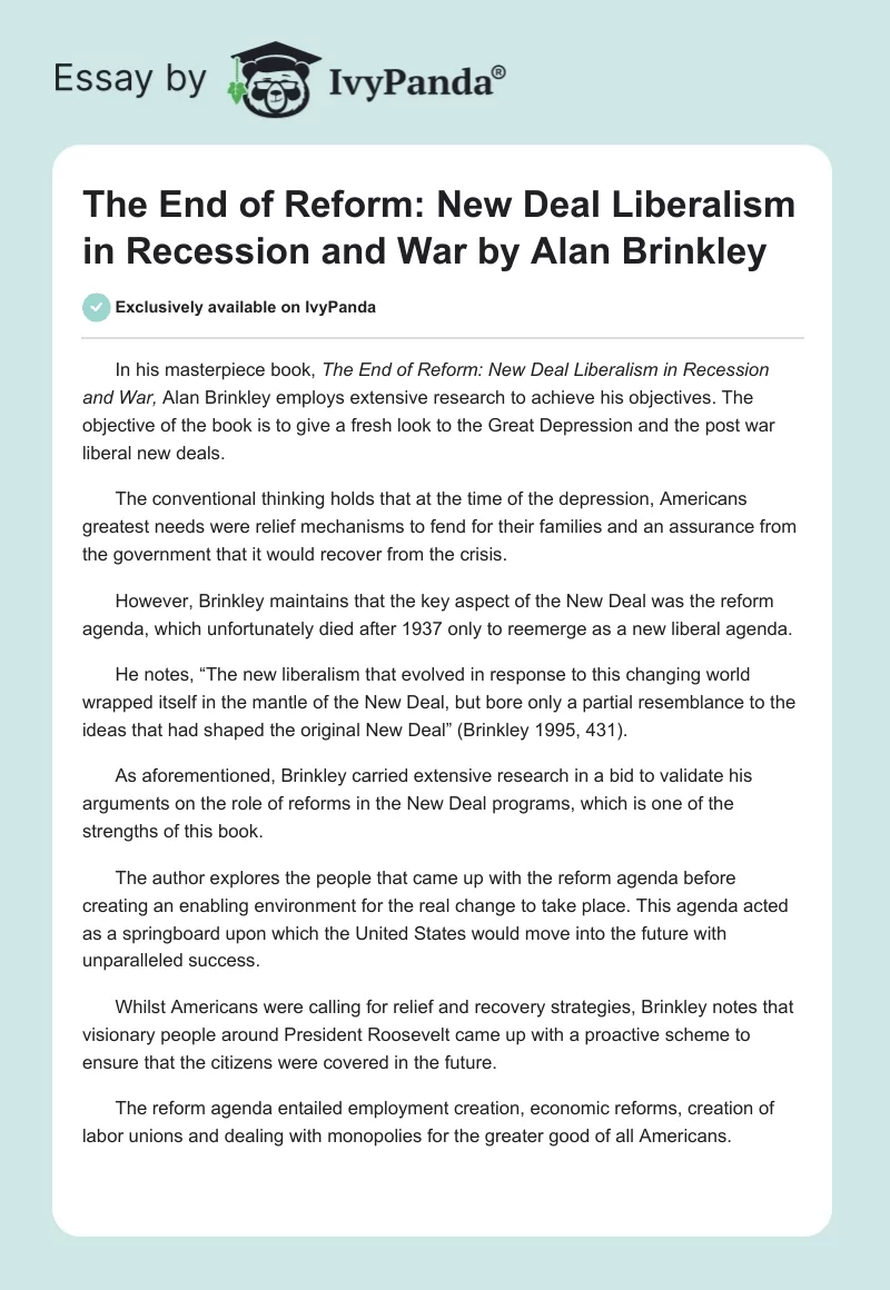 "The End of Reform: New Deal Liberalism in Recession and War" by Alan Brinkley. Page 1