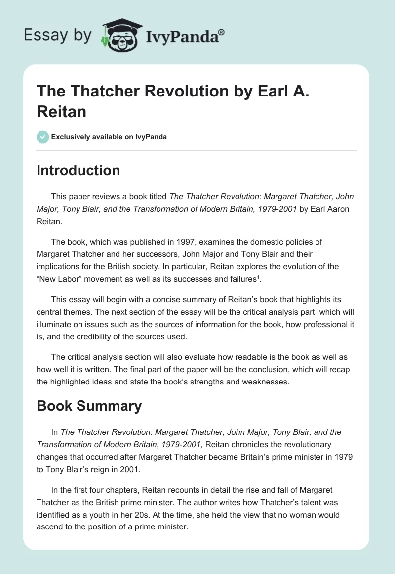 "The Thatcher Revolution" by Earl A. Reitan. Page 1