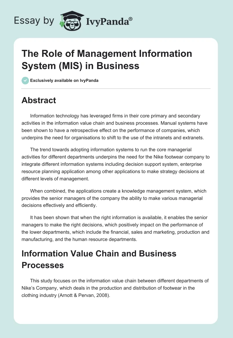 The Role of Management Information System (MIS) in Business. Page 1