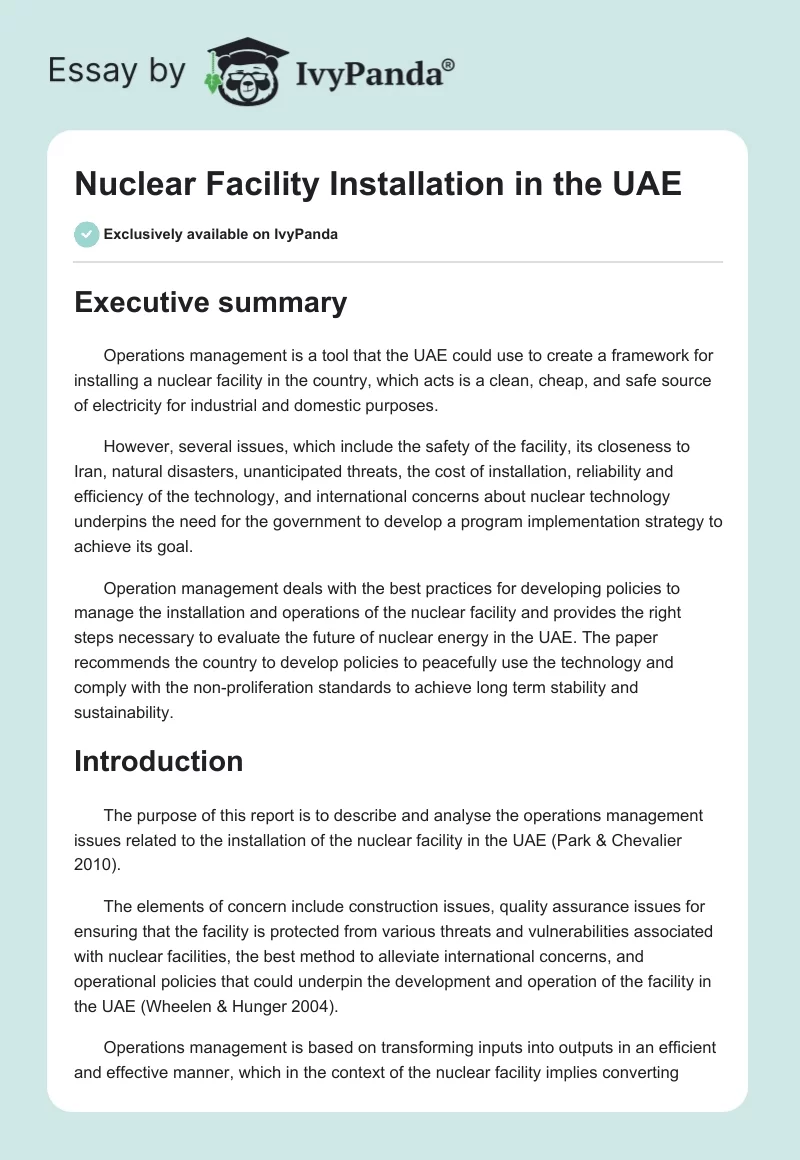 Nuclear Facility Installation in the UAE. Page 1