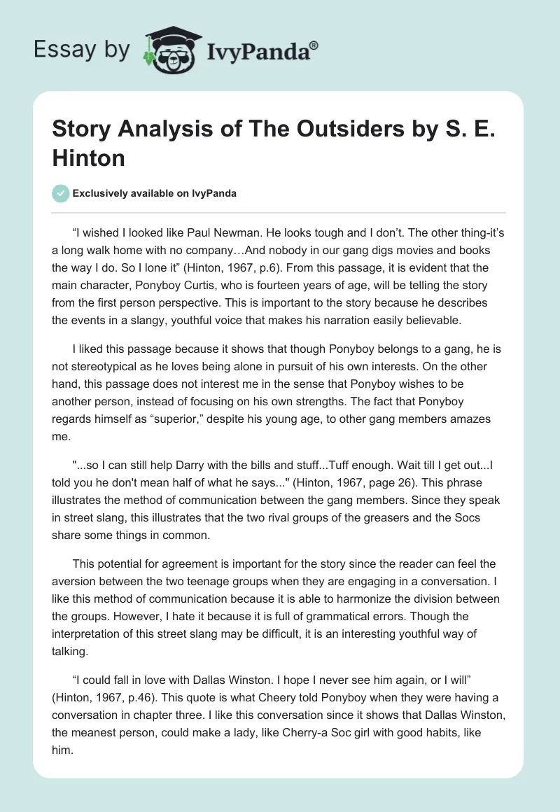 Story Analysis of "The Outsiders" by S. E. Hinton. Page 1