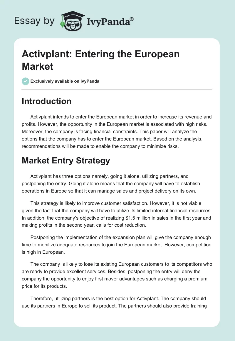 Activplant: Entering the European Market. Page 1
