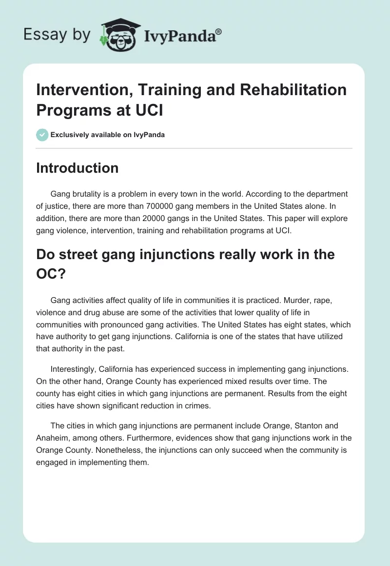 Intervention, Training and Rehabilitation Programs at UCI. Page 1