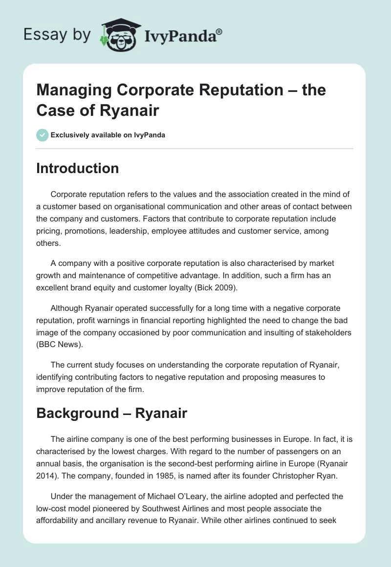 Managing Corporate Reputation – the Case of Ryanair. Page 1