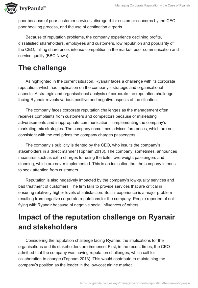 Managing Corporate Reputation – the Case of Ryanair. Page 3