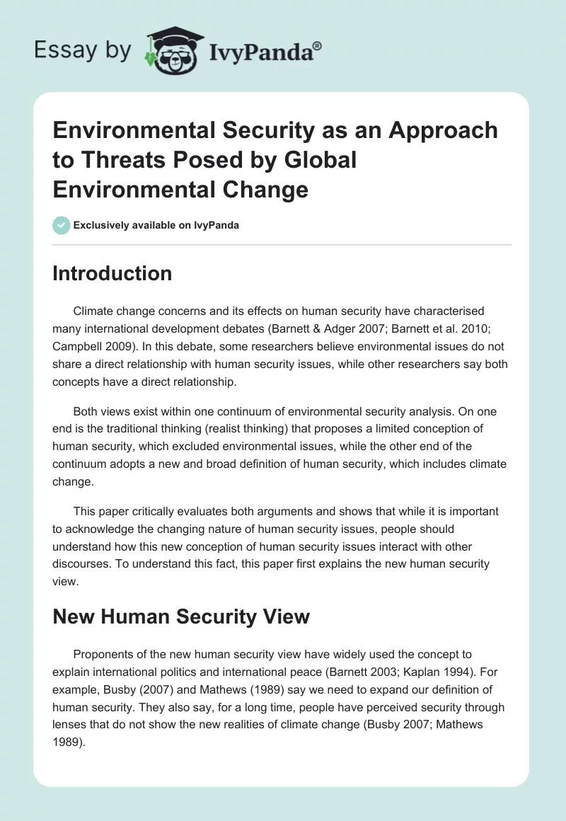 Environmental Security as an Approach to Threats Posed by Global Environmental Change. Page 1