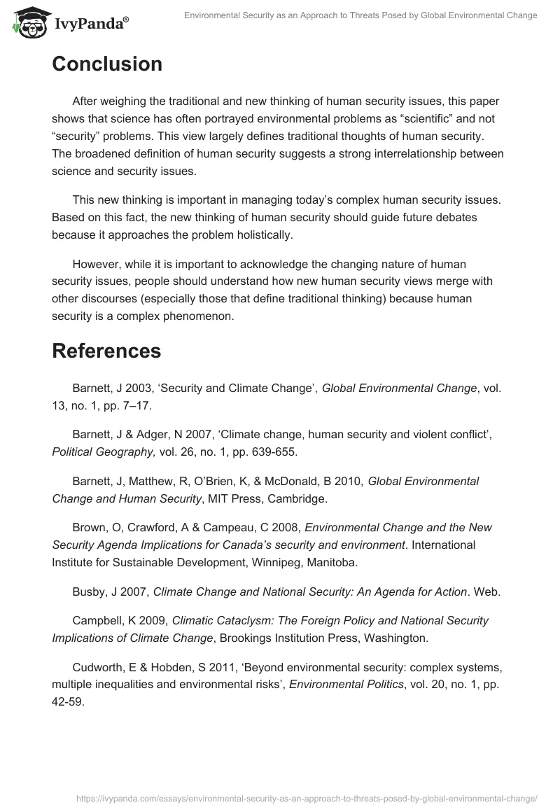 Environmental Security as an Approach to Threats Posed by Global Environmental Change. Page 5