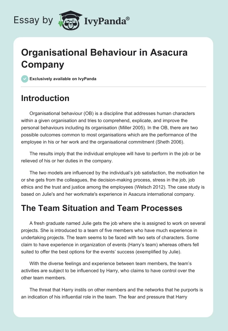 Organisational Behaviour in Asacura Company. Page 1