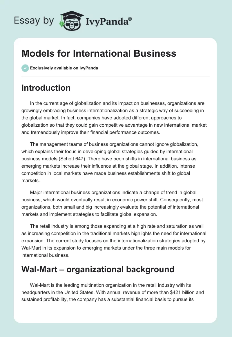 Models for International Business. Page 1
