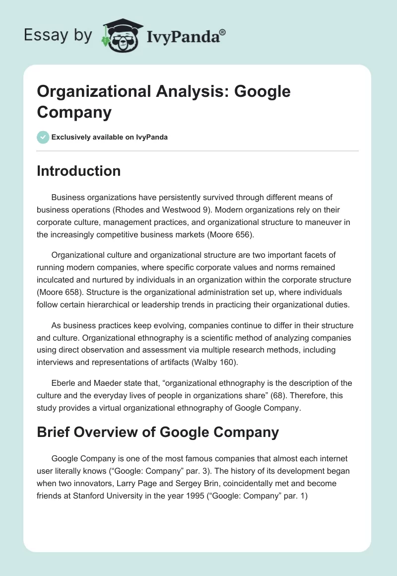 Organizational Analysis: Google Company. Page 1