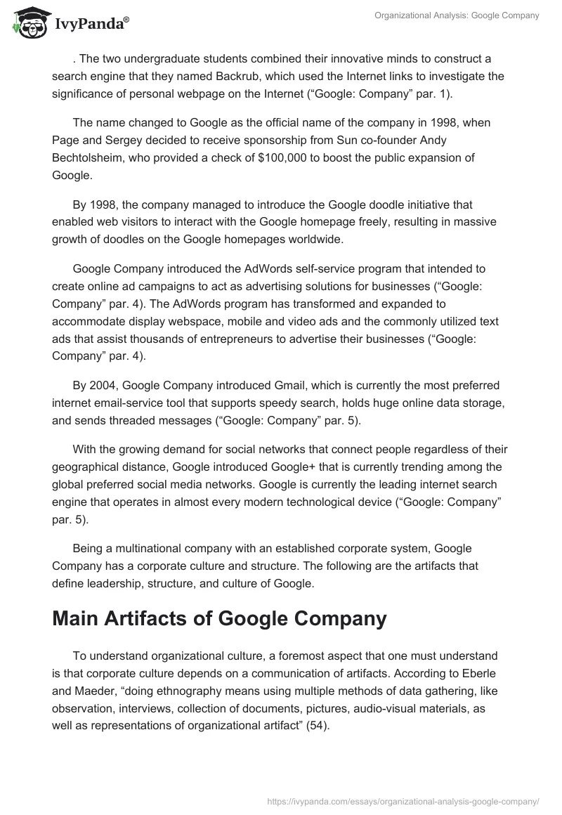 Organizational Analysis: Google Company. Page 2