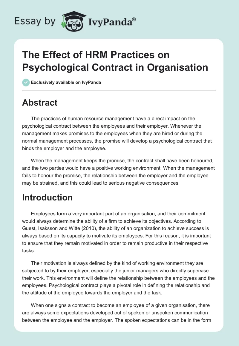 The Effect of HRM Practices on Psychological Contract in Organisation. Page 1