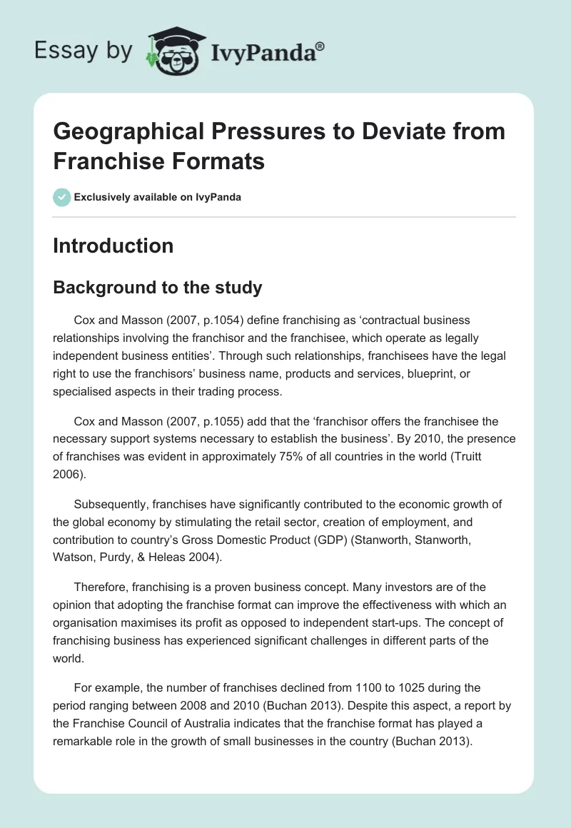 Geographical Pressures to Deviate from Franchise Formats. Page 1