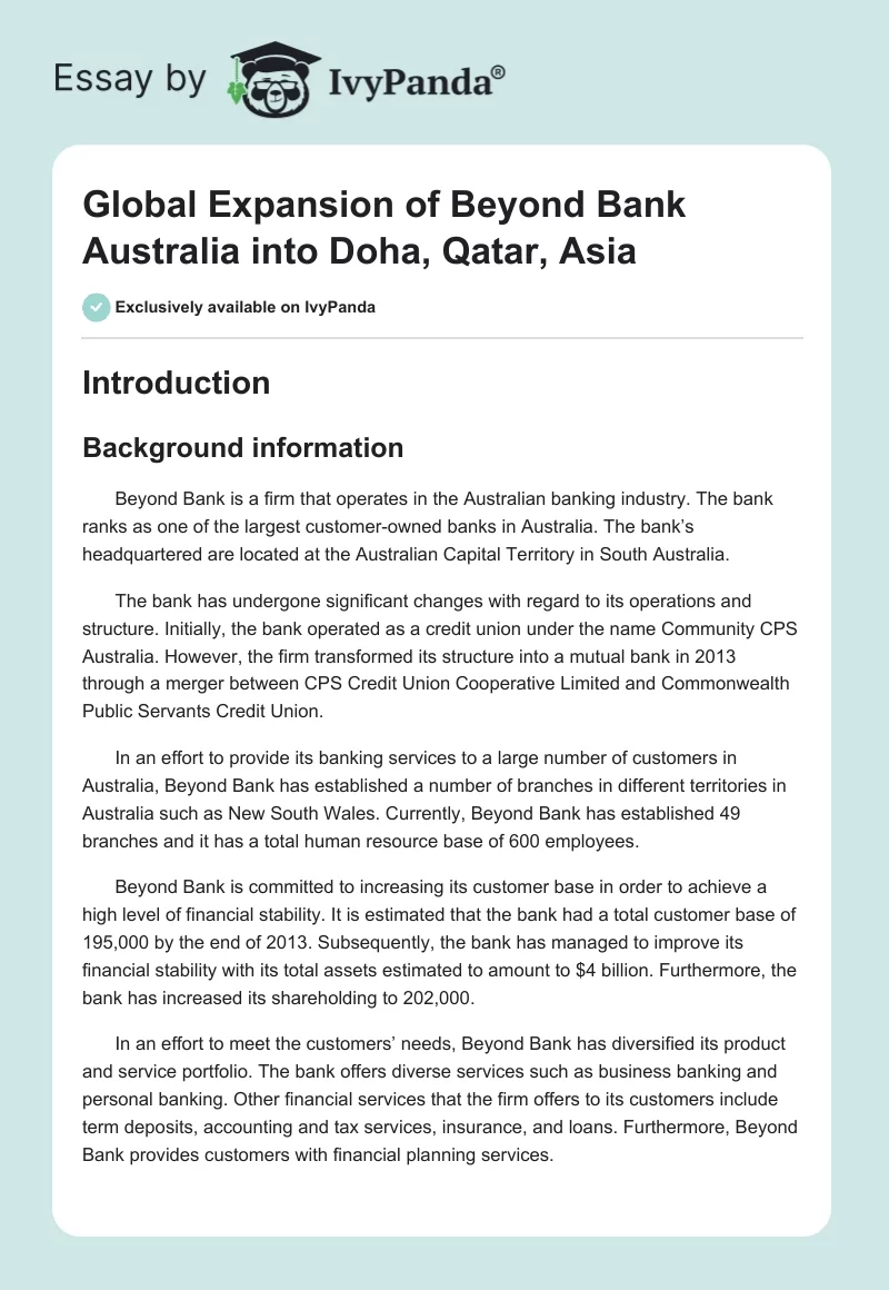 Global Expansion of Beyond Bank Australia into Doha, Qatar, Asia. Page 1