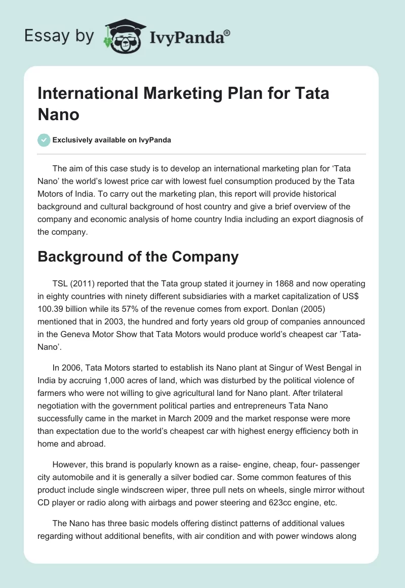 International Marketing Plan for Tata Nano. Page 1